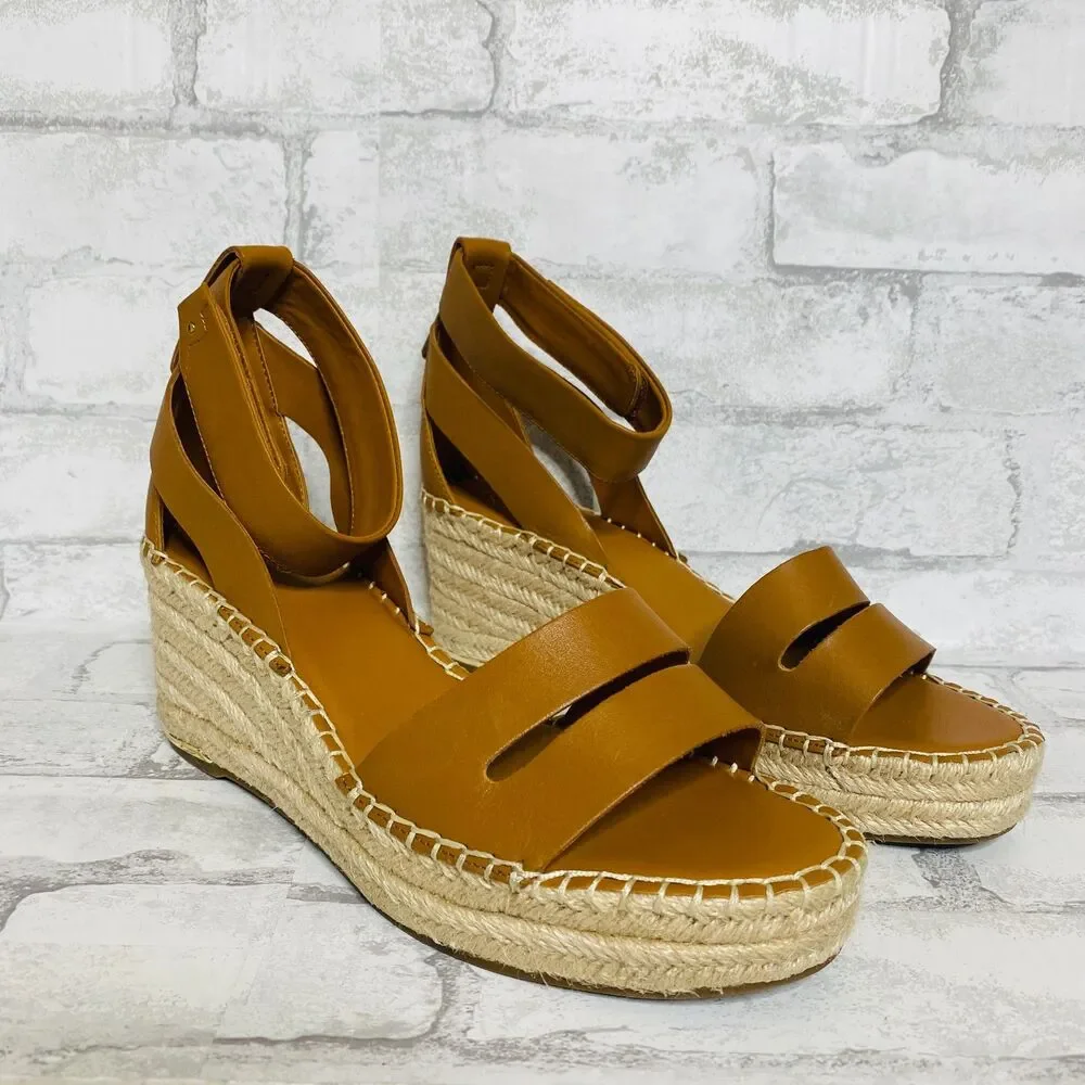 New Franco Sarto Womens Callia Leather Ankle Strap Wedge Espadrille Sandals 10 M